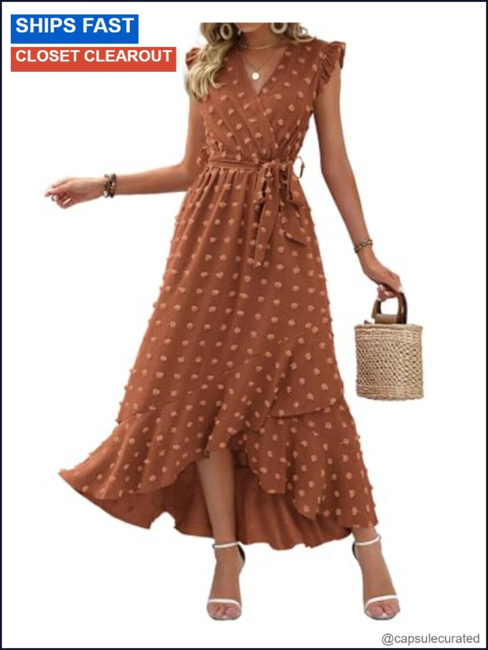 Swiss Dot Ruffle Cap Sleeve Wedding Guest Maxi Dress